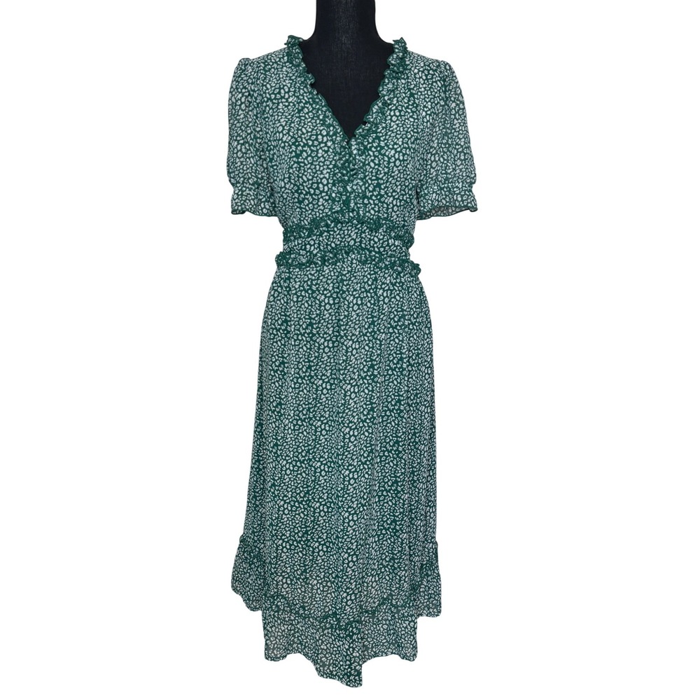 Tecrew Green Leopard Print Ruffle V-Neck Midi Dress Short Puff Sleeve Size L